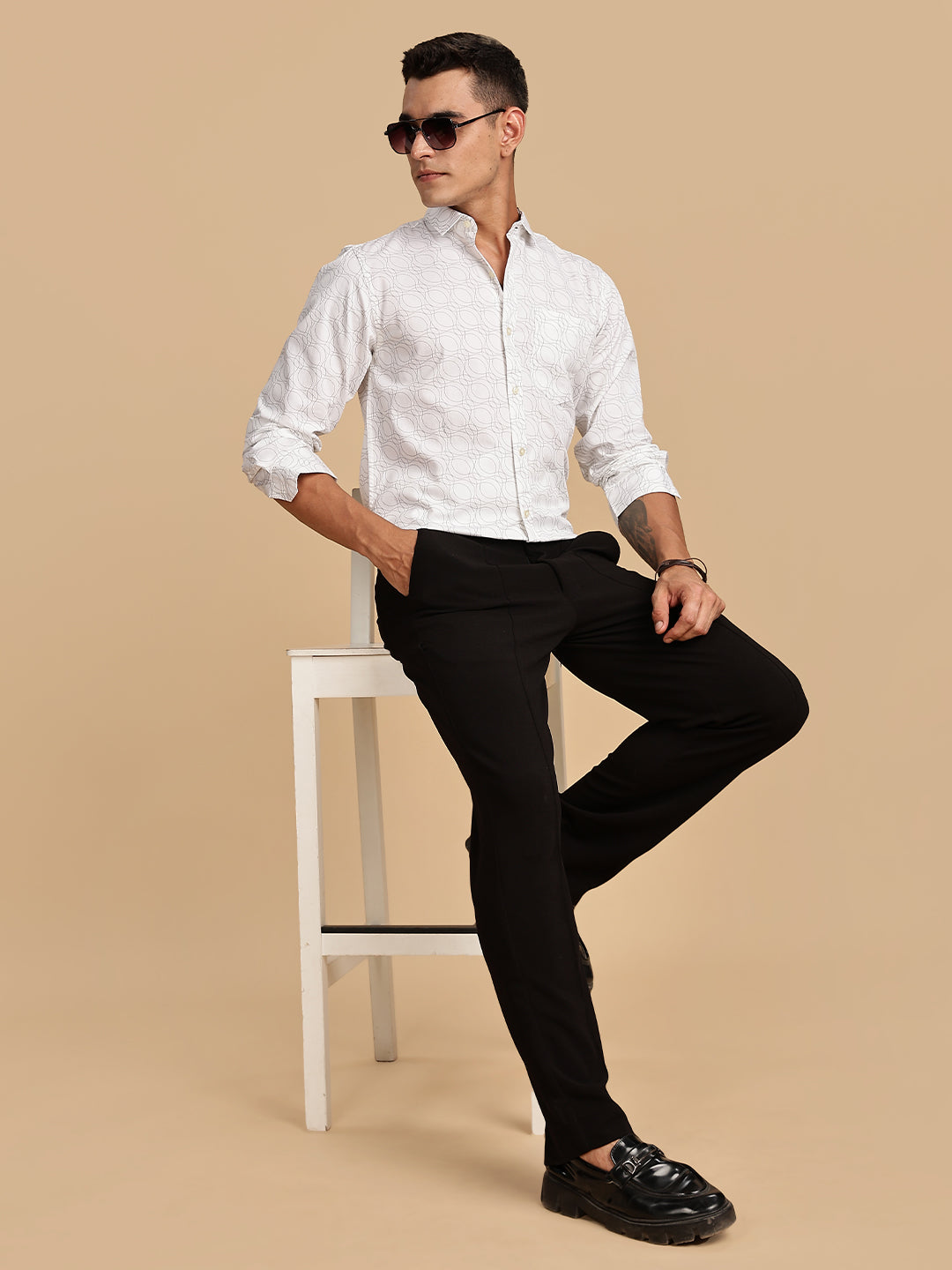 Spread Collar Printed White Casual Shirt