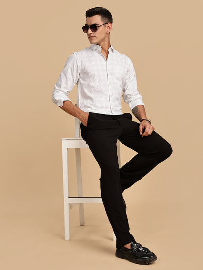 Spread Collar Printed White Casual Shirt
