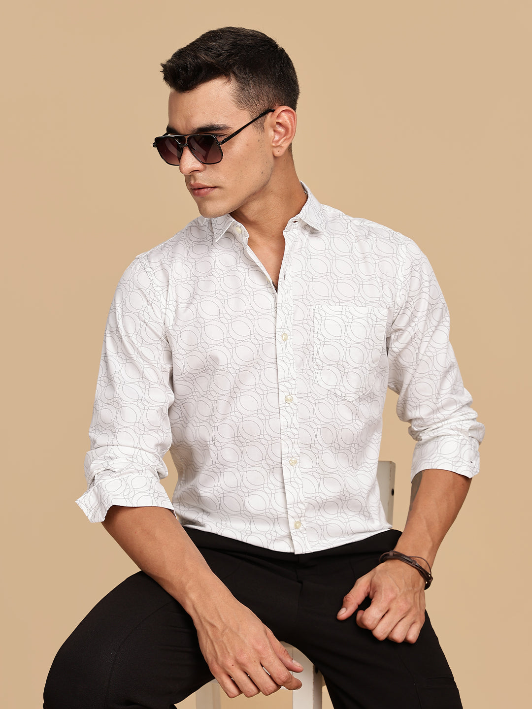 Spread Collar Printed White Casual Shirt
