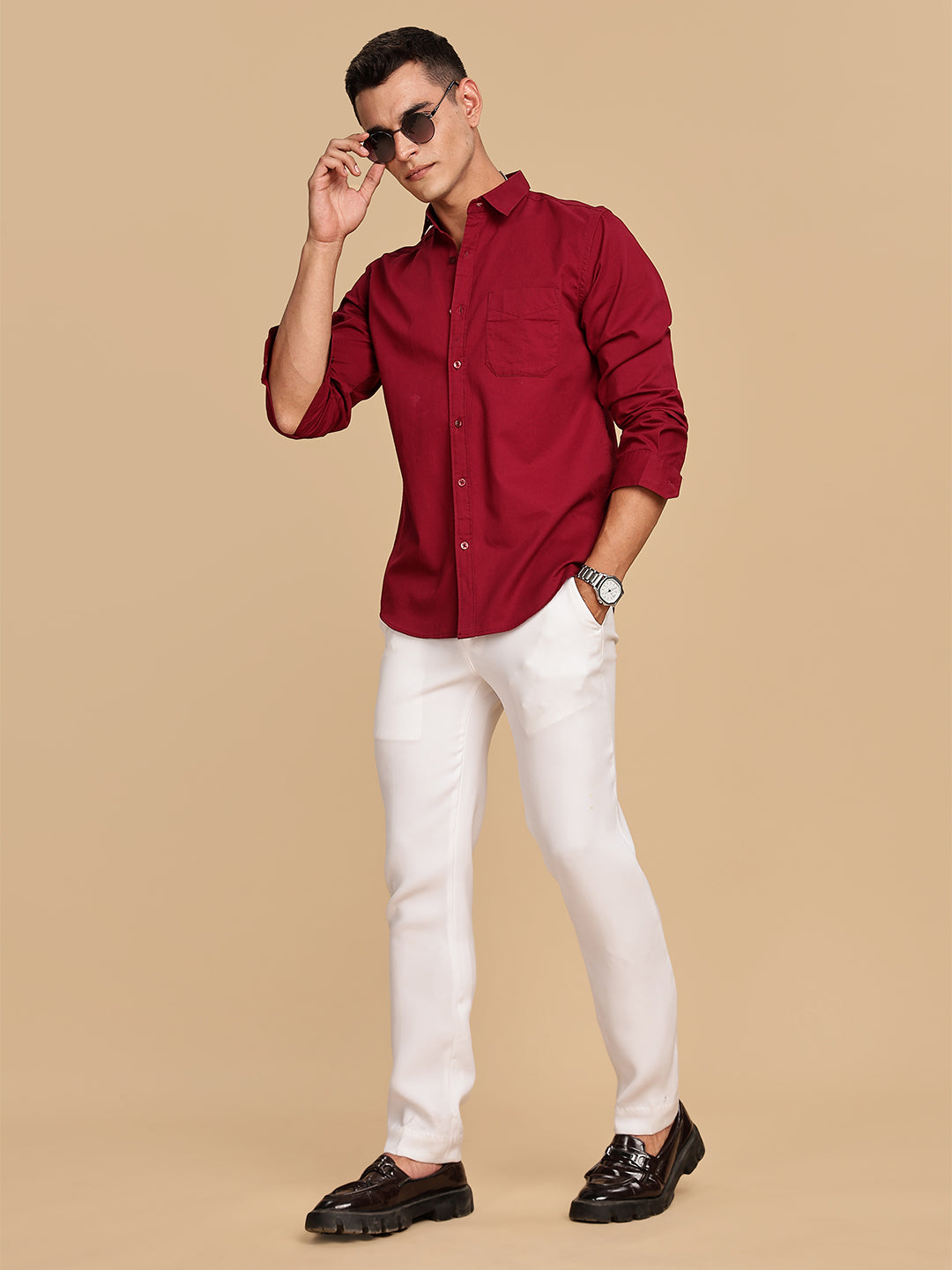 Regular Fit Maroon Cotton Shirt