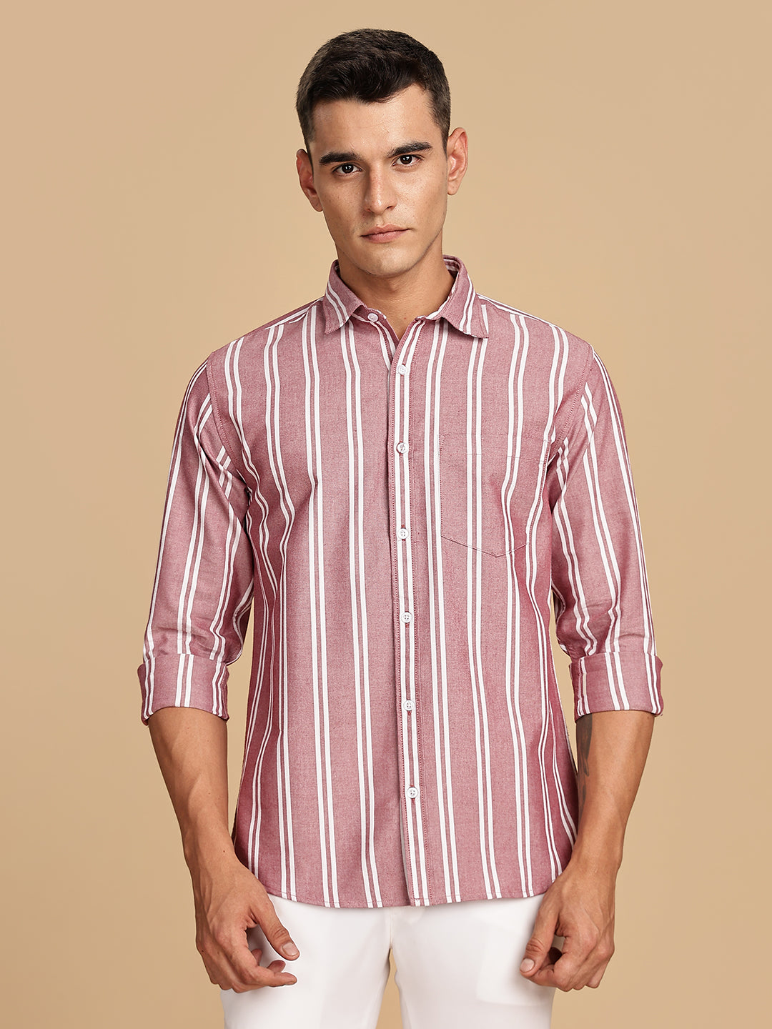 Oxford Maroon Regular Stripes Shirt