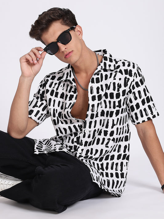 Men WB Cotton Blend Waffle Printed Shirt