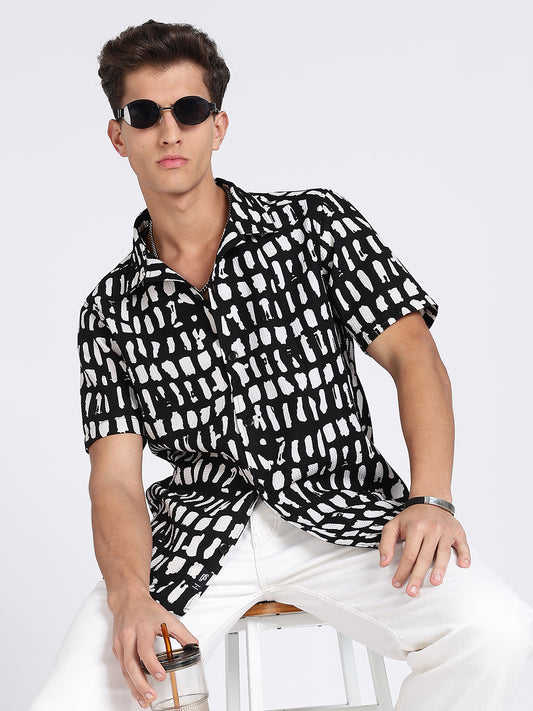 Men BW Cotton Blend Waffle Printed Shirt