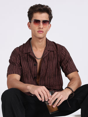 Men Brown Camouflage Viscose Cuban Collar Shirt