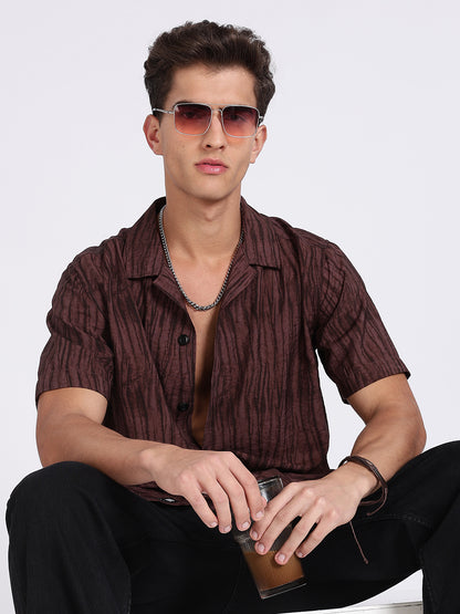 Men Brown Camouflage Viscose Cuban Collar Shirt