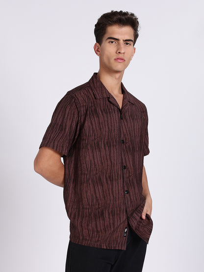 Men Brown Camouflage Viscose Cuban Collar Shirt
