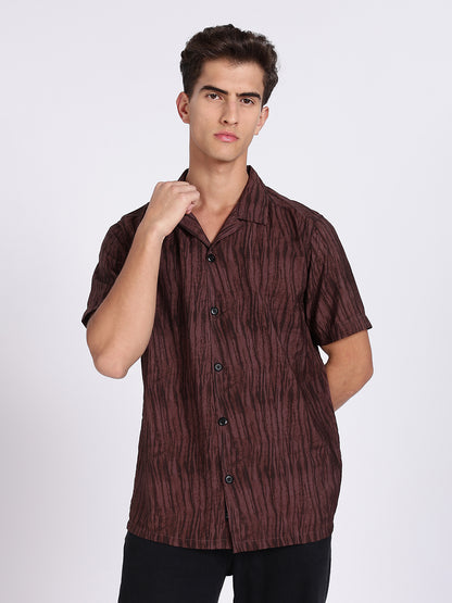 Men Brown Camouflage Viscose Cuban Collar Shirt