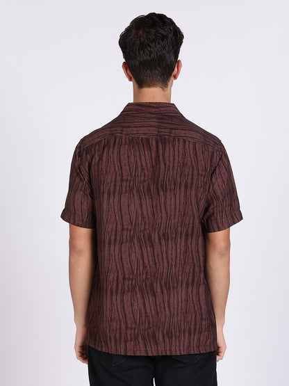 Men Brown Camouflage Viscose Cuban Collar Shirt