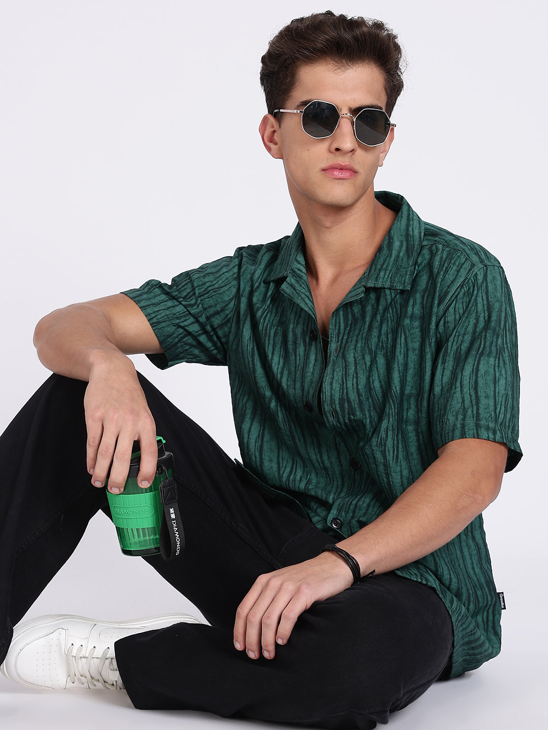 Men Green Camouflage Viscose Cuban Collar Shirt