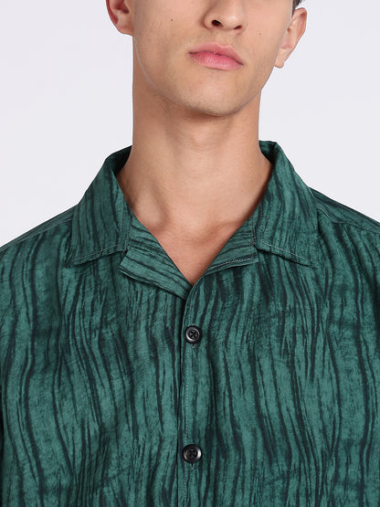 Men Green Camouflage Viscose Cuban Collar Shirt