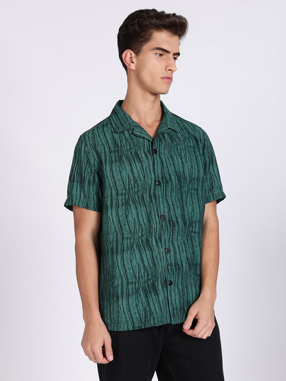 Men Green Camouflage Viscose Cuban Collar Shirt