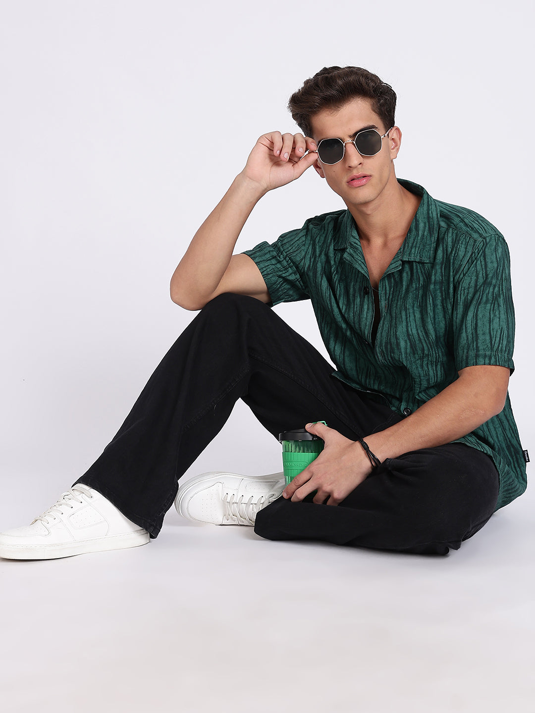 Men Green Camouflage Viscose Cuban Collar Shirt