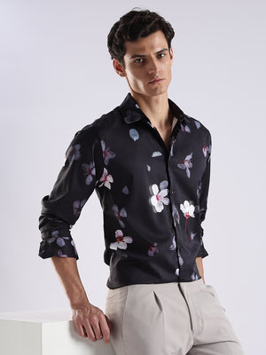 Men Black Satin Floral Printed Shirt