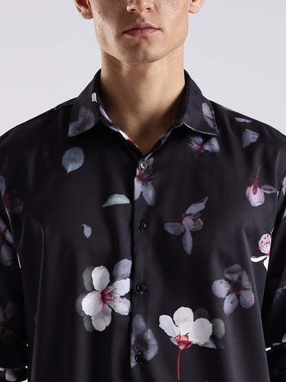 Men Black Satin Floral Printed Shirt