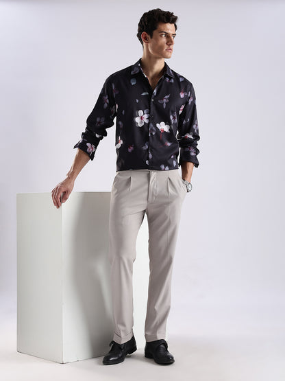 Men Black Satin Floral Printed Shirt