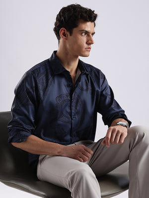 Men Navy Satin Antique Art Printed Shirt