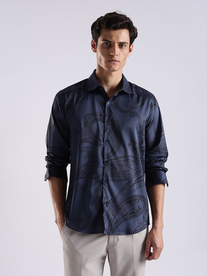 Men Navy Satin Antique Art Printed Shirt