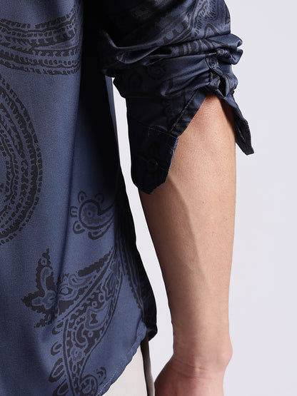 Men Navy Satin Antique Art Printed Shirt