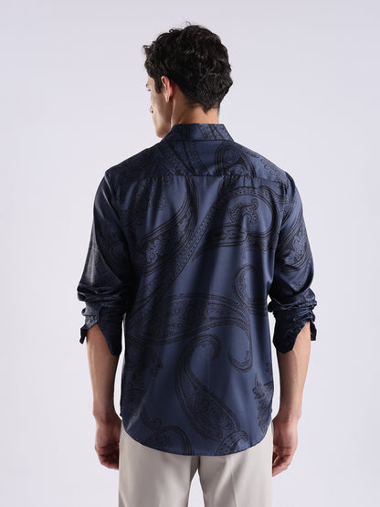 Men Navy Satin Antique Art Printed Shirt