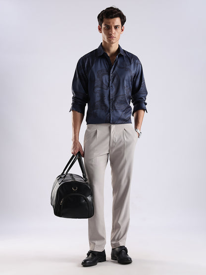 Men Navy Satin Antique Art Printed Shirt