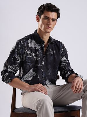 Men Black Satin Floral Art Printed Shirt
