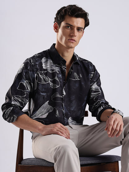 Men Black Satin Floral Art Printed Shirt