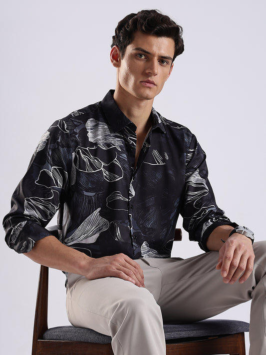 Men Black Satin Floral Art Printed Shirt