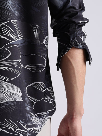 Men Black Satin Floral Art Printed Shirt