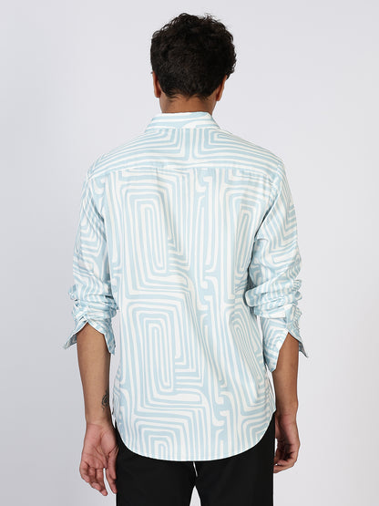 Men Sky Blue Satin Prints Regular Fit Shirt