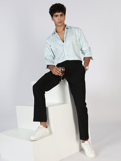 Men Sky Blue Satin Prints Regular Fit Shirt