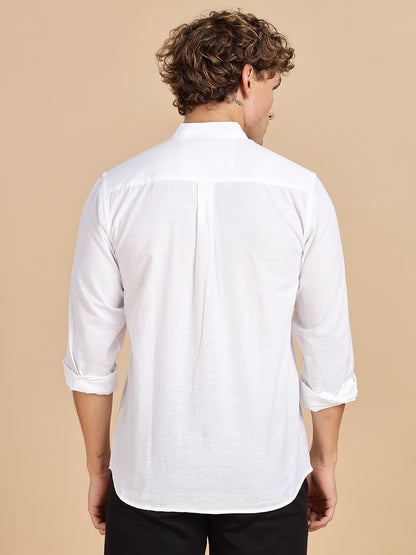 Mandarian Collared White Linen Shirt