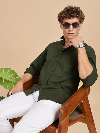 Bottle Green Spread Collar Shirt