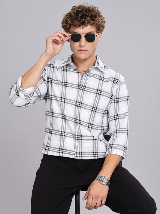 White Khadi Linen Checks Casual Shirt