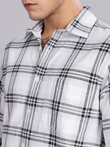 White Khadi Linen Checks Casual Shirt