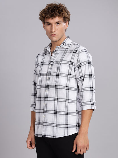 White Khadi Linen Checks Casual Shirt