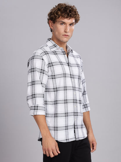 White Khadi Linen Checks Casual Shirt