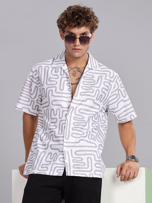 White Cuban Collar Cotton Casual Shirt