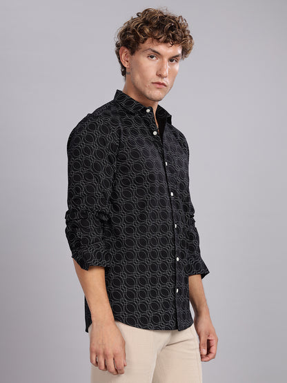 Twill Spread Collar Black Cotton Shirt
