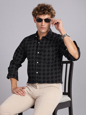 Twill Spread Collar Black Cotton Shirt