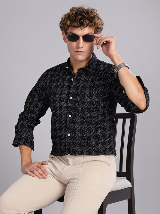Twill Spread Collar Black Cotton Shirt