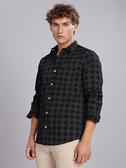 Twill Spread Collar Black Cotton Shirt