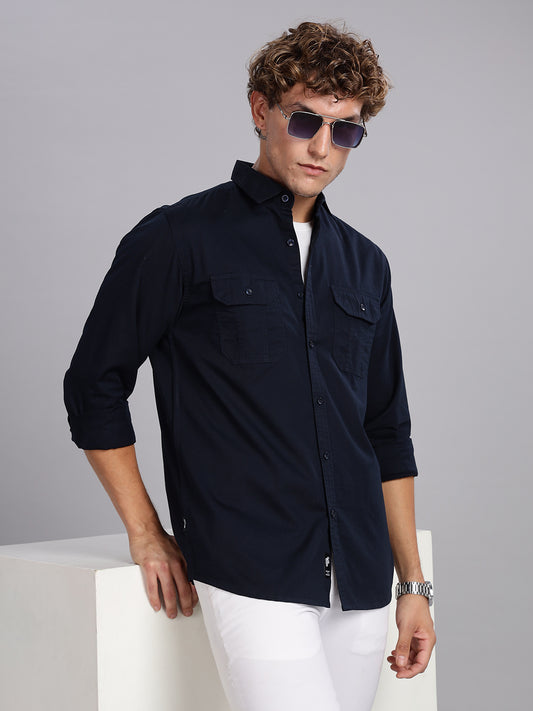 Navy Blue Spread Collar Shirt