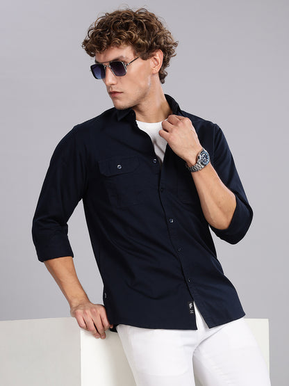 Navy Blue Spread Collar Shirt