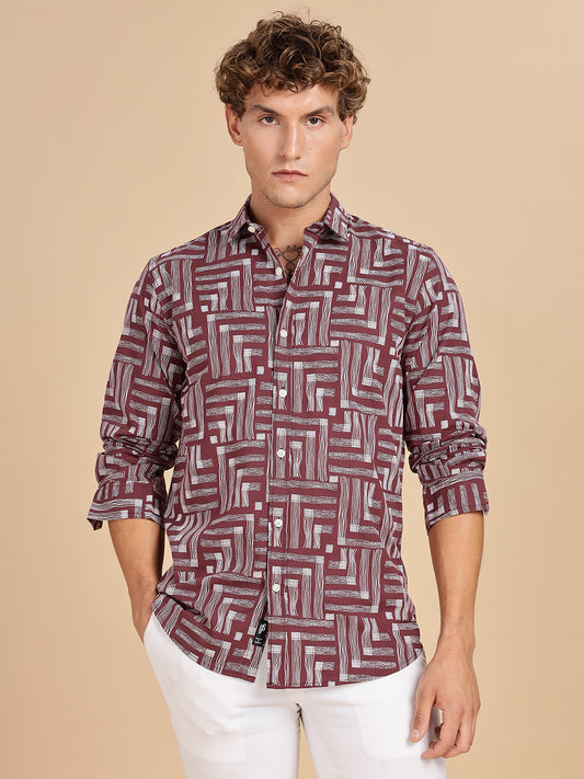 Printed Cotton Maroon Linen Shirt