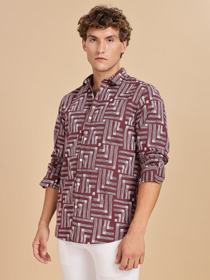 Printed Cotton Maroon Linen Shirt