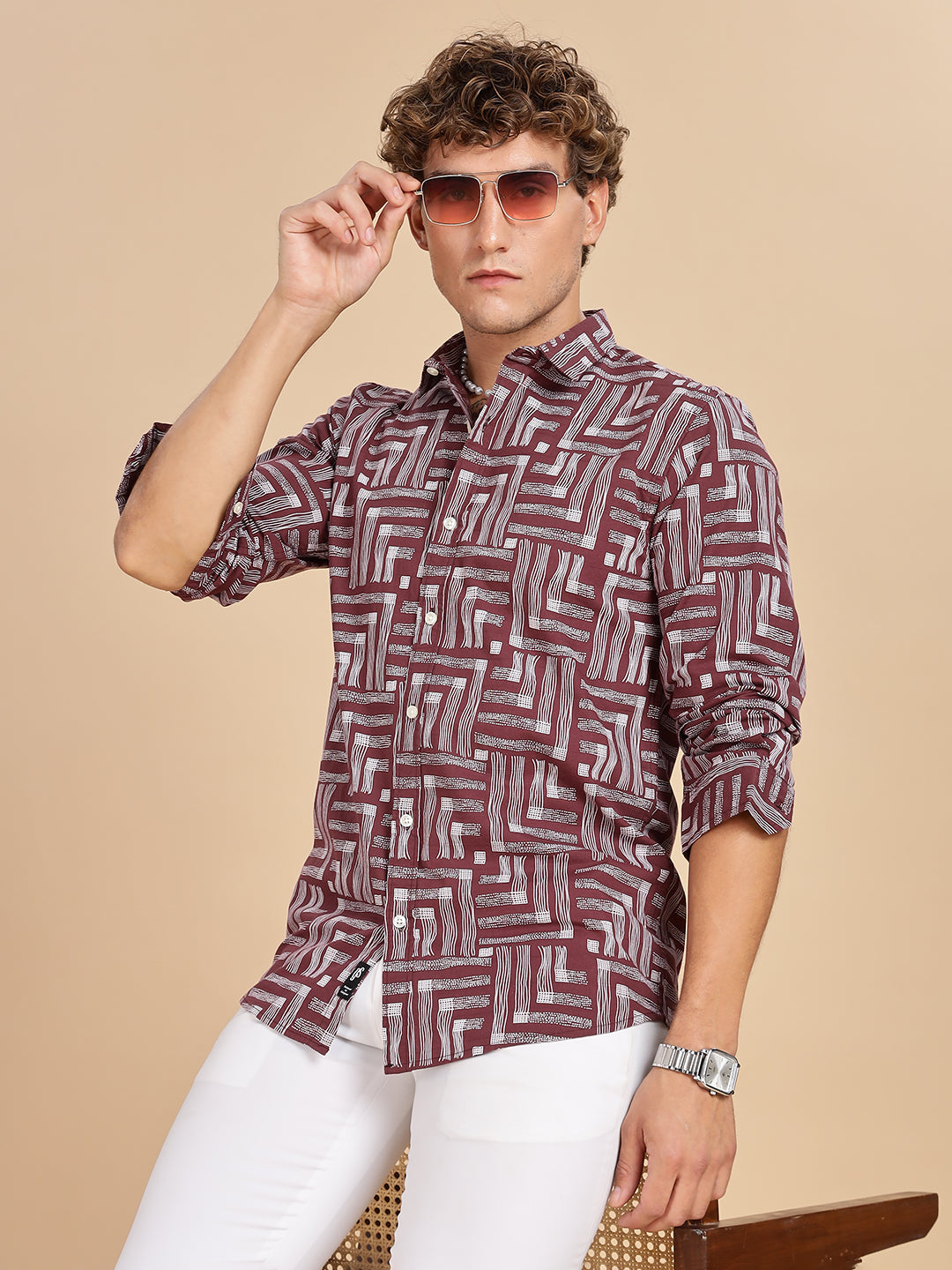 Printed Cotton Maroon Linen Shirt