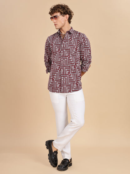 Printed Cotton Maroon Linen Shirt