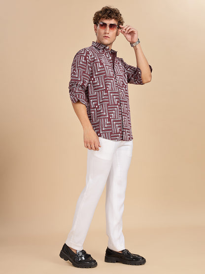 Printed Cotton Maroon Linen Shirt
