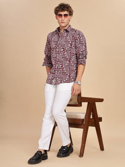 Printed Cotton Maroon Linen Shirt