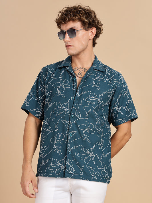 Cuban Collar Printed Teal Shirt
